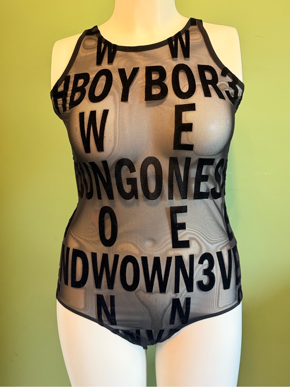 H&M Black Sheer Mesh Lettering Bodysuit